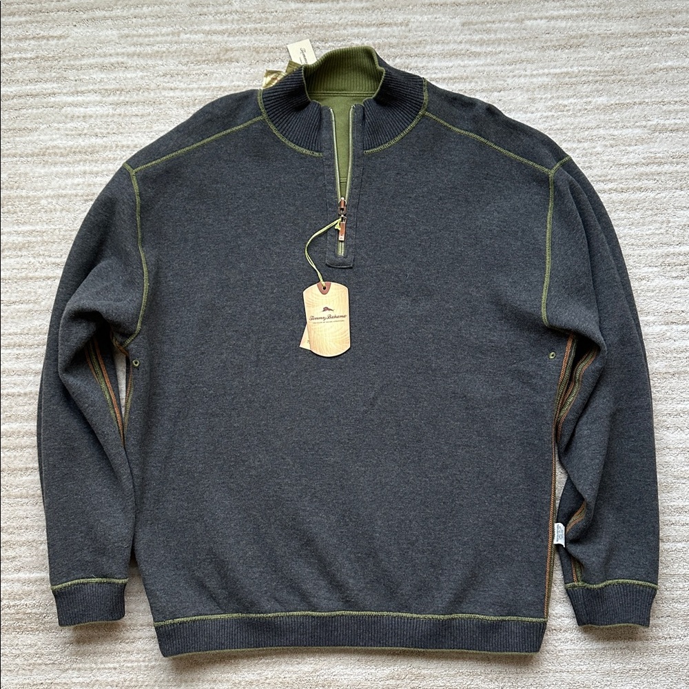 NWT Tommy Bahama Flipview Reversible Half-Zip Sweatshirt Green Gray Sweater Larg